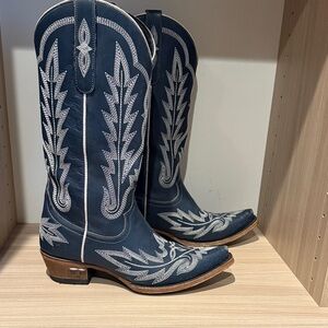 Women's Blue Embroidered Heeled Boots